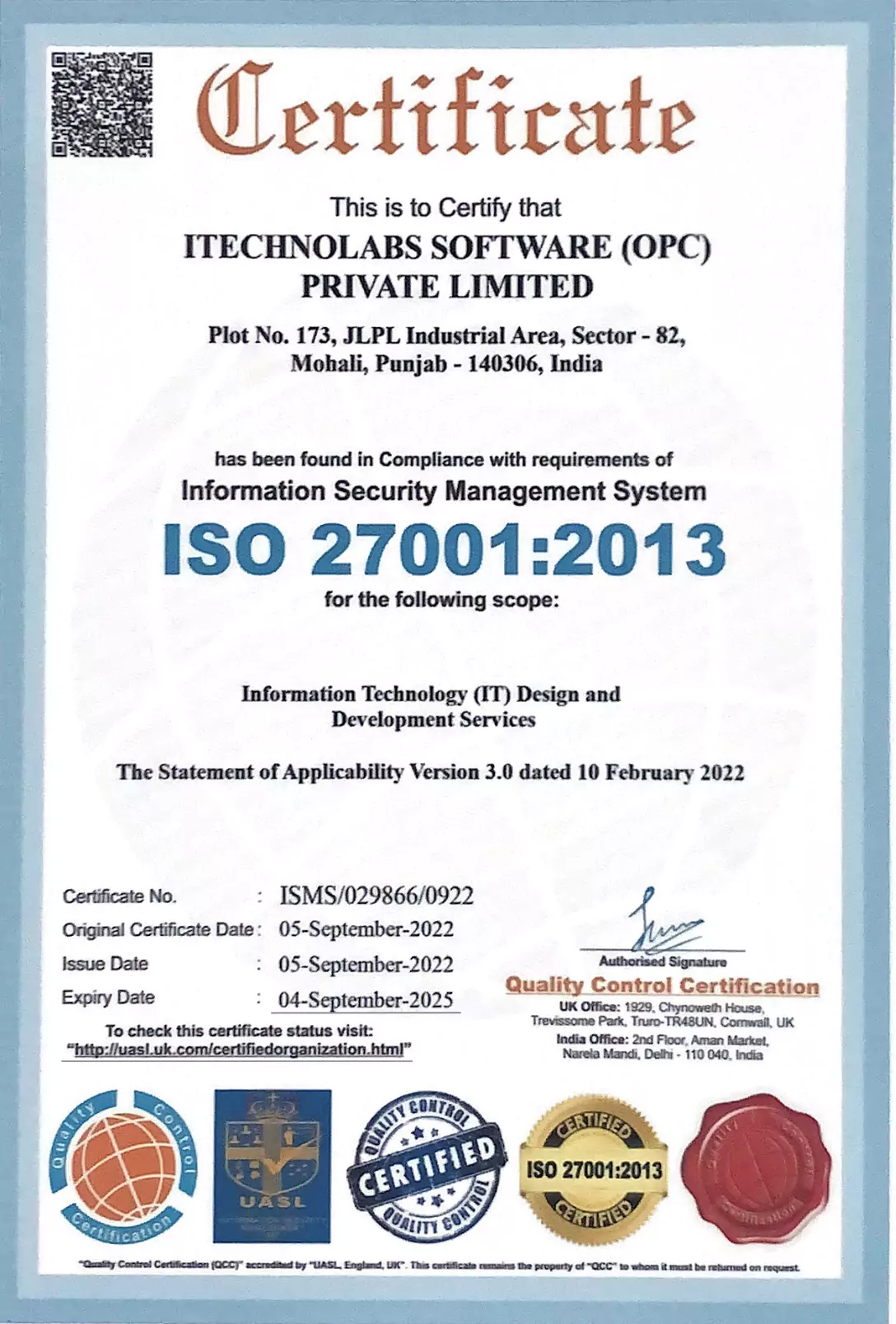 itechnolabs iso 27001 2013 certified software development company