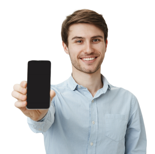 handsome smiling man showing smartphone screen 1 1