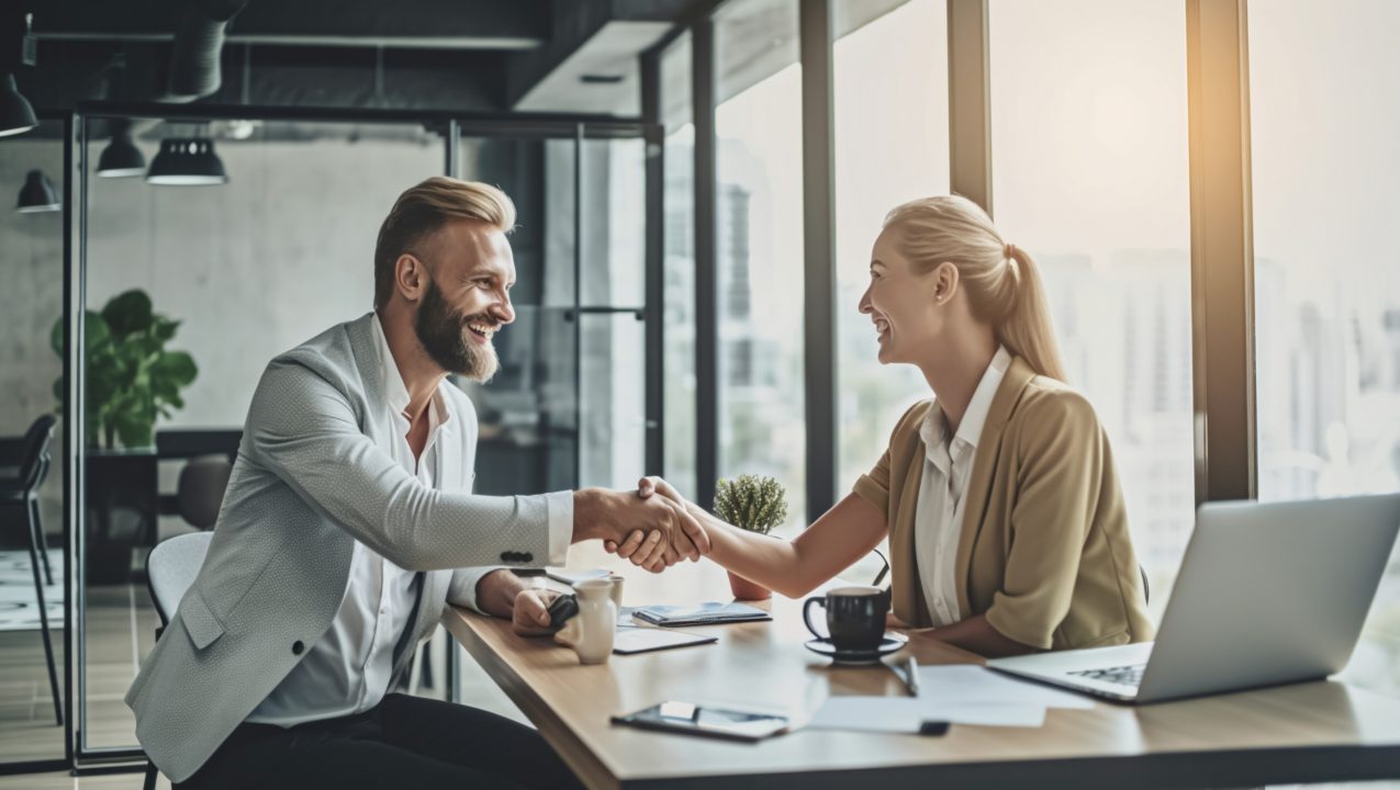 woman man shake hands partners made deal created with generative ai technology