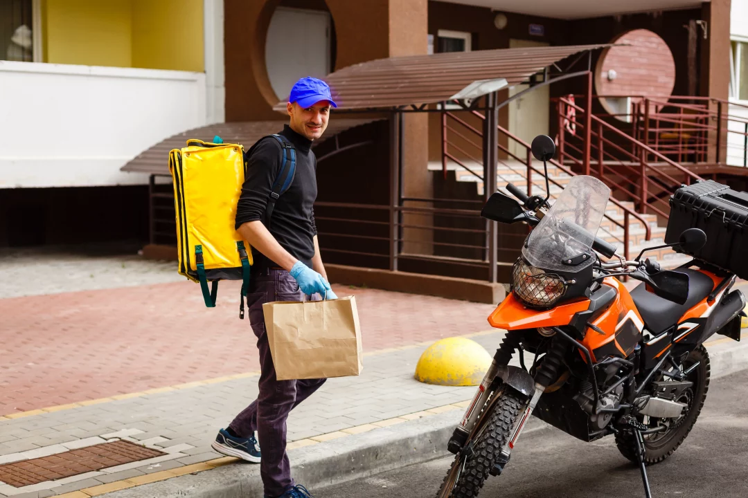 delivery mail people concept happy man delivering food disposable paper bag customer home