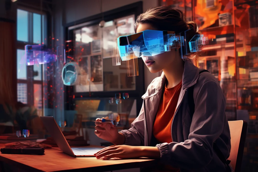 generative ai illustration young woman office working with virtual glasses