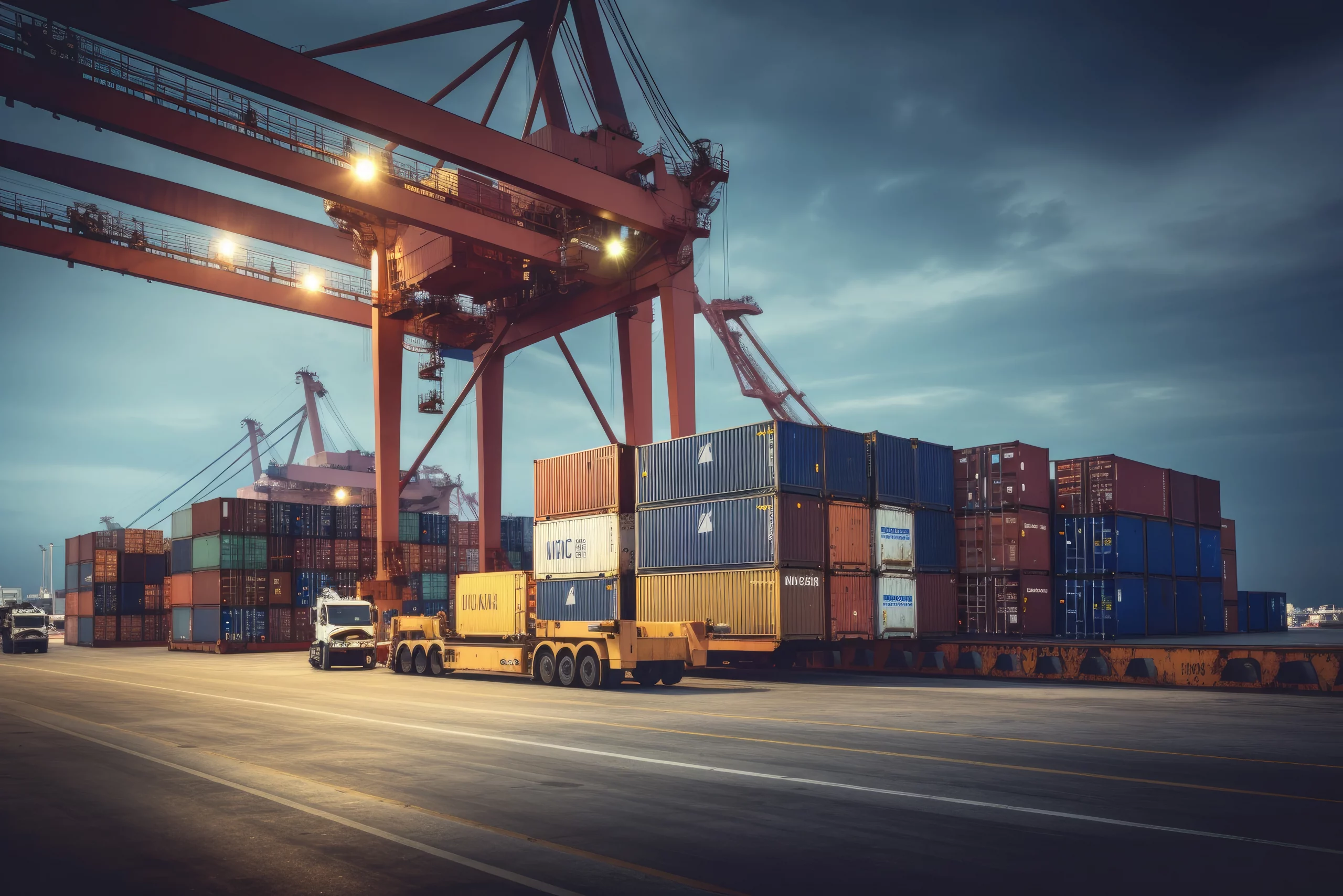 logistics transportation container cargo ship cargo plane with working crane bridge shipyard sunrise logistic import export transport industry background ai generative scaled