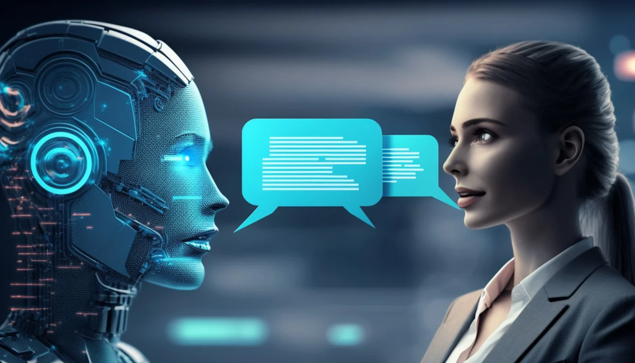 woman robot are looking each other