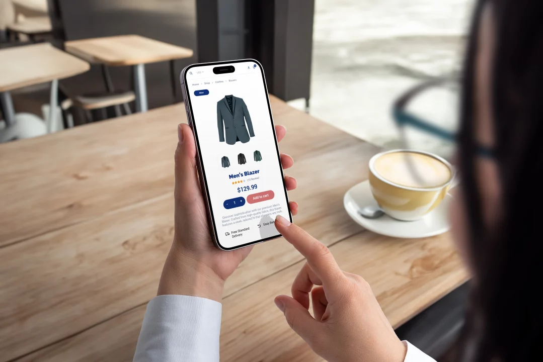 woman shops mens blazer smartphone modern ecommerce app interface concept effortless browsing purchasing stylish clothing